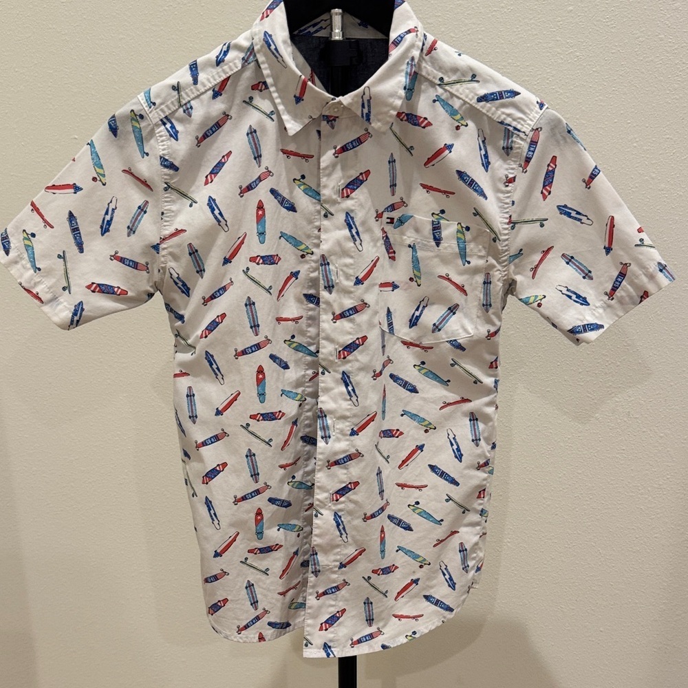 Boys White Short-Sleeve Surfboard Print Button-Down Shirt